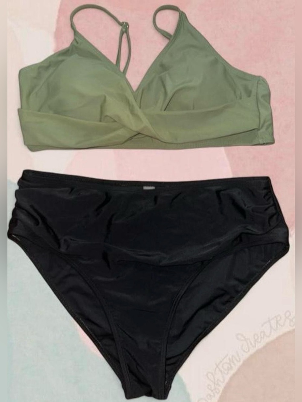 Source Unknown Olive Green Bralette Top with Black High-Waist Bikini Bottoms